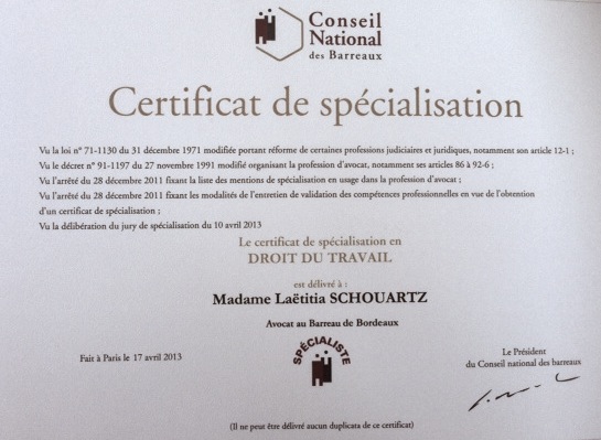 Certificat de spécialisation droit du travail - Madame Laetitia SCHOUARTZ